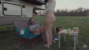 Would you go camping with us? Quick outdoor fuck PAWG creampie